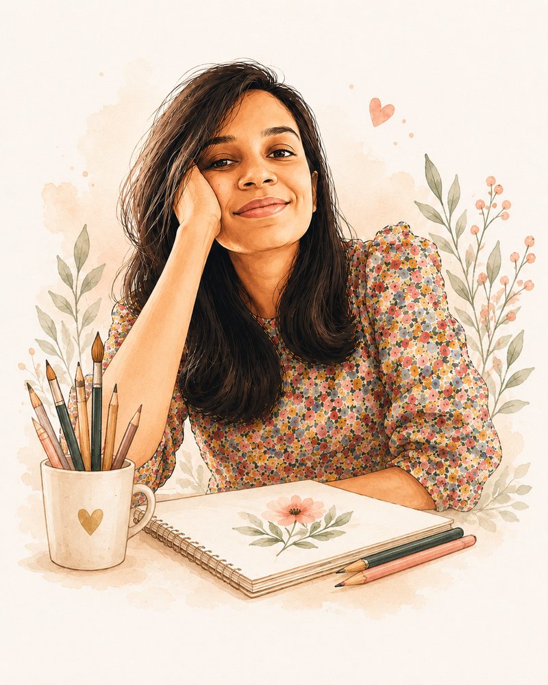 Nima smiling beside hand-drawn botanical decorations