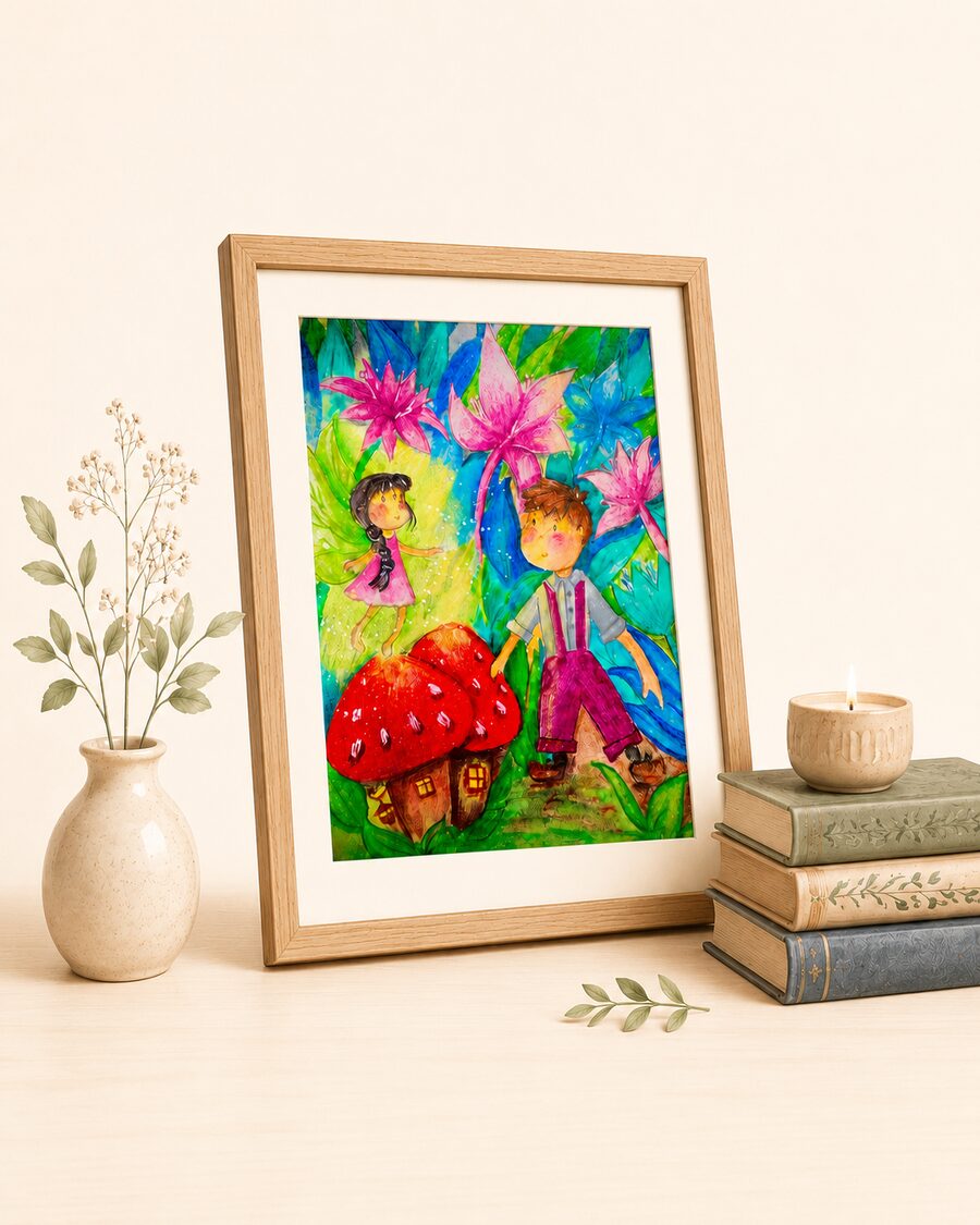Framed custom illustration print with books and a small vase